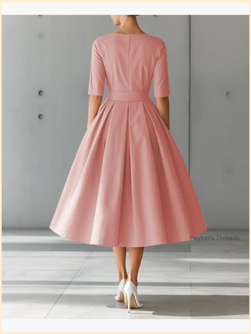 Pleated Cocktail Dress 1950s 3/4 Sleeve Round Neck A-Line Swing Maxi Dress - Picture 5 of 6